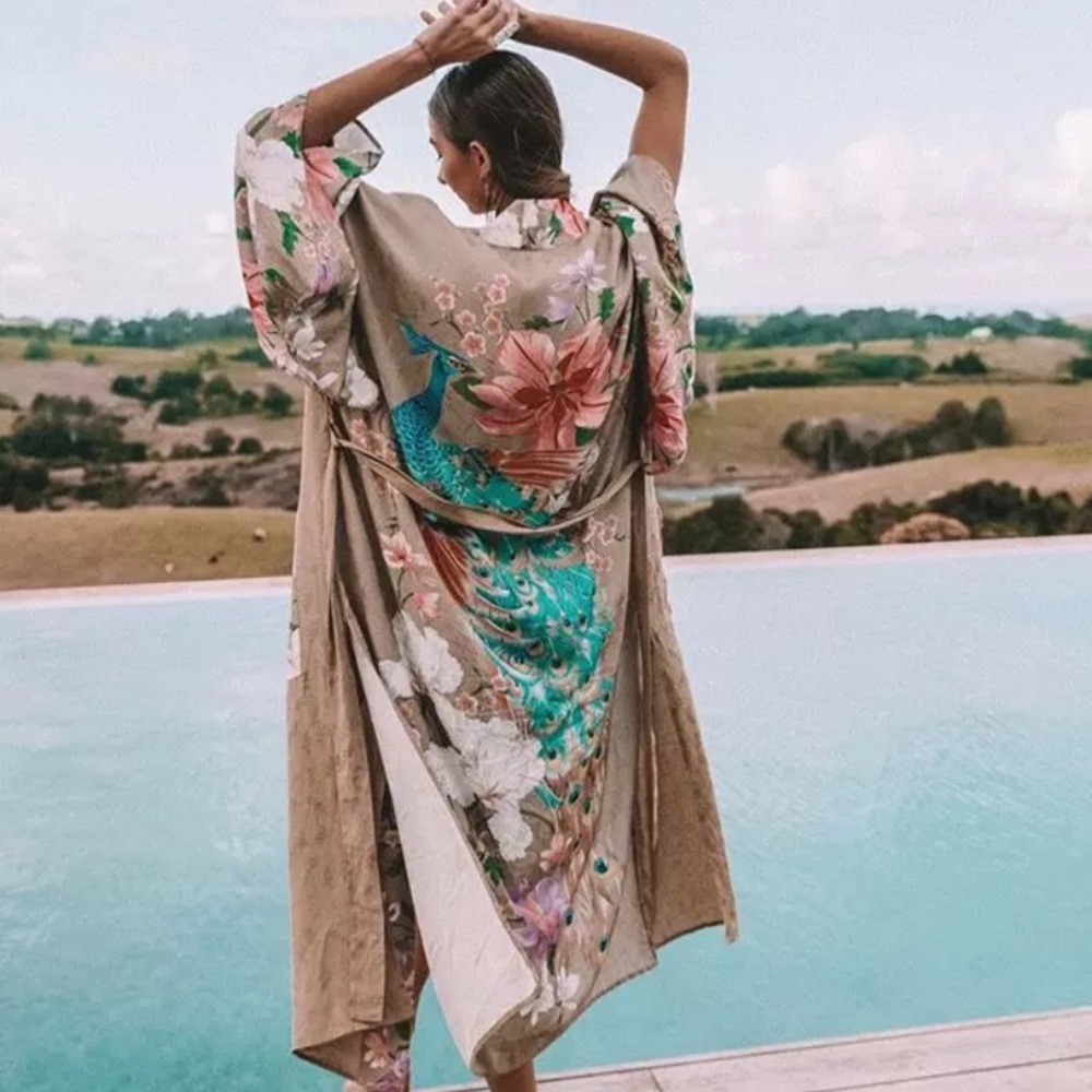 SOLD OUT Boho Tan Floral Peacock Kimono Duster Robe - Picture 7 of 13